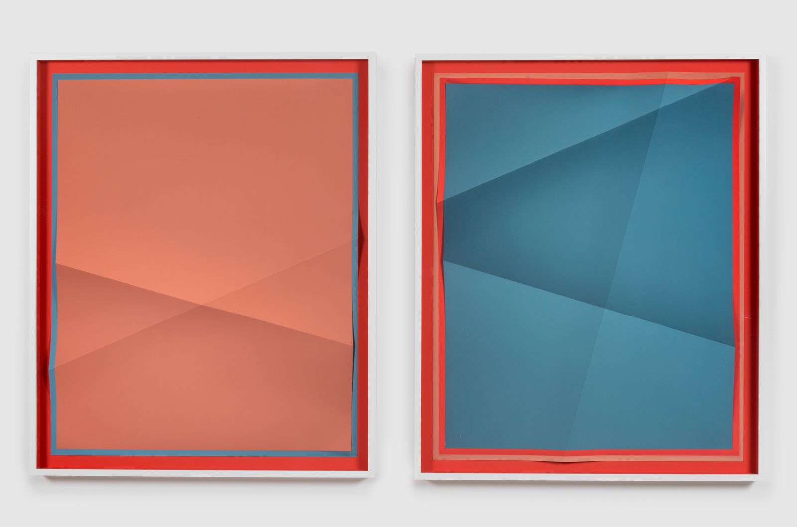 Accumulator 8_01, 3 Colors, BE8270, 608CA2, CB534A, 2016 – Creased archival pigment print (unique), 24 x 30 in., each work, by John Houck